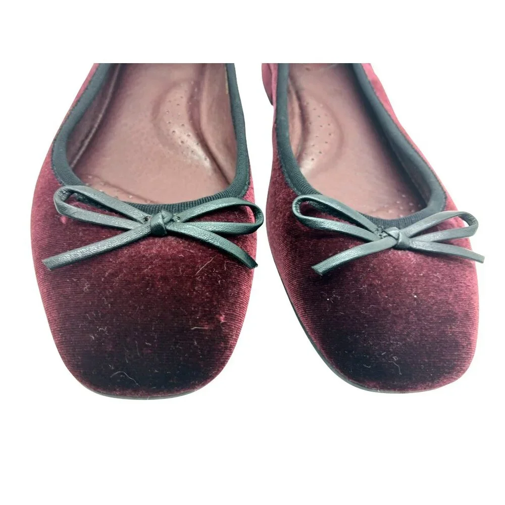 Born Ono Hallada Wine Velvet Ballet Flats Bow Shoes Size 8.5 Stacked Low Heel - Picture 9 of 15